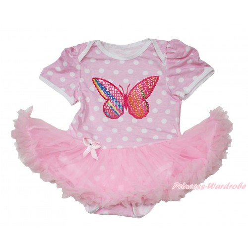 Light Pink White Polka Dots Baby Jumpsuit Light Pink Pettiskirt with Rainbow Butterfly Print JS166 