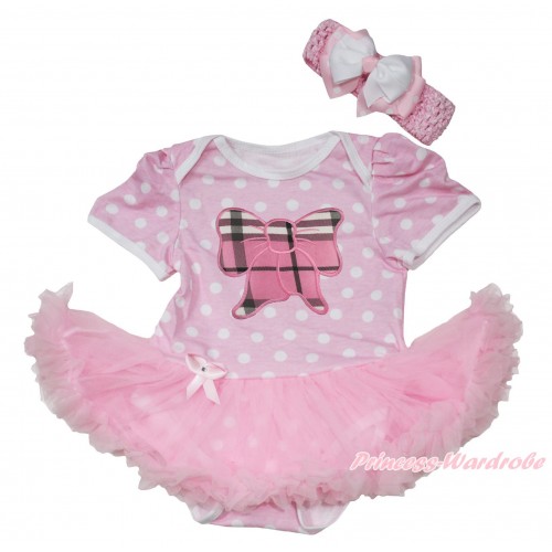 Light Pink White Polka Dots Baby Jumpsuit Light Pink Pettiskirt With Light Pink Checked Butterfly Print With Light Pink Headband White & Light Pink White Dots Ribbon Bow JS189 