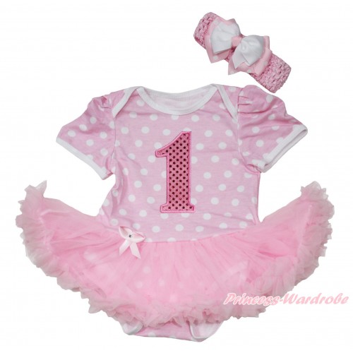 Light Pink White Polka Dots Baby Jumpsuit Light Pink Pettiskirt With 1st Sparkle Light Pink Birthday Number Print With Light Pink Headband White & Light Pink White Dots Ribbon Bow JS191 