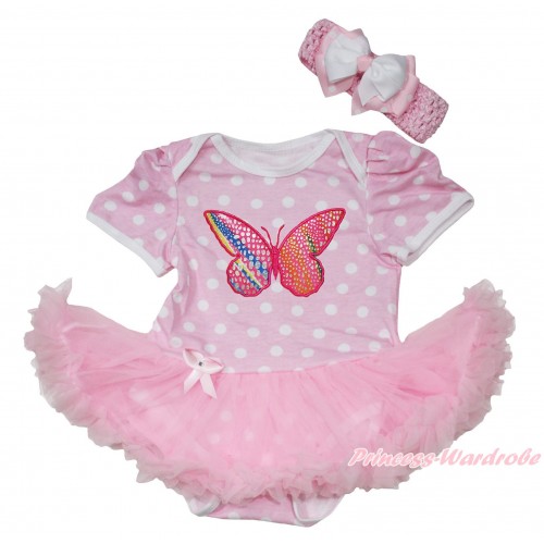 Light Pink White Polka Dots Baby Jumpsuit Light Pink Pettiskirt With Rainbow Butterfly Print With Light Pink Headband White & Light Pink White Dots Ribbon Bow JS192 