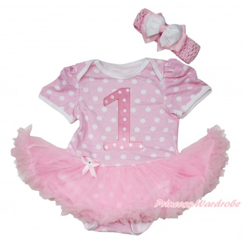 Light Pink White Polka Dots Baby Jumpsuit Light Pink Pettiskirt With 1st Light Pink White Dots Birthday Number Print With Light Pink Headband White & Light Pink White Dots Ribbon Bow JS193 