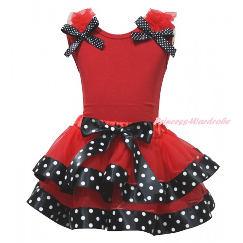 Red Tank Top Red Ruffles Black White Dots Bows & Red Black White Dots Trimmed Pettiskirt MG1757
