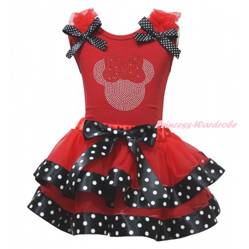 Red Baby Pettitop Red Ruffles Black White Dots Bow & Rhinestone Red Minnie Print & Red Black White Dots Trimmed Baby Pettiskirt NG1757