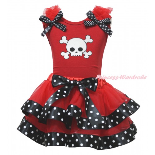Halloween Red Baby Pettitop Red Ruffles Black White Dots Bow & White Skeleton Print & Red Black White Dots Trimmed Baby Pettiskirt NG1758
