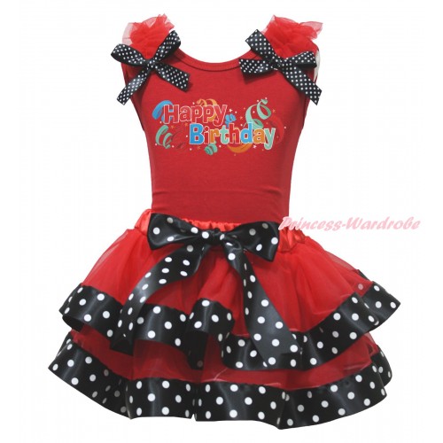 Red Baby Pettitop Red Ruffles Black White Dots Bow & Happy Birthday Painting & Red Black White Dots Trimmed Baby Pettiskirt NG1762