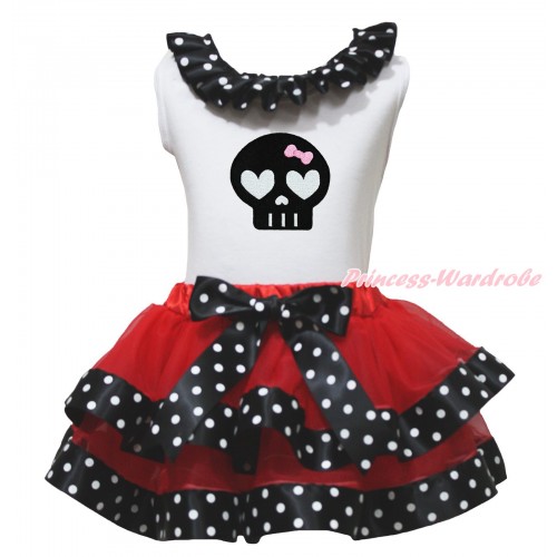 Halloween White Baby Pettitop Black White Dots Lacing & Black Skeleton Print & Red Black White Dots Trimmed Newborn Pettiskirt NG1780