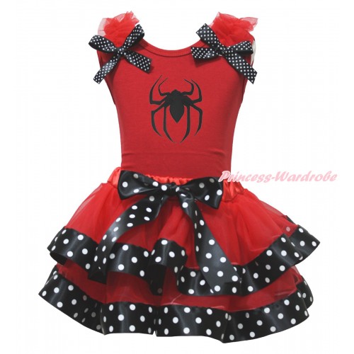 Halloween Red Baby Pettitop Red Ruffles Black White Dots Bow & Spider Print & Red Black White Dots Trimmed Baby Pettiskirt NG1787
