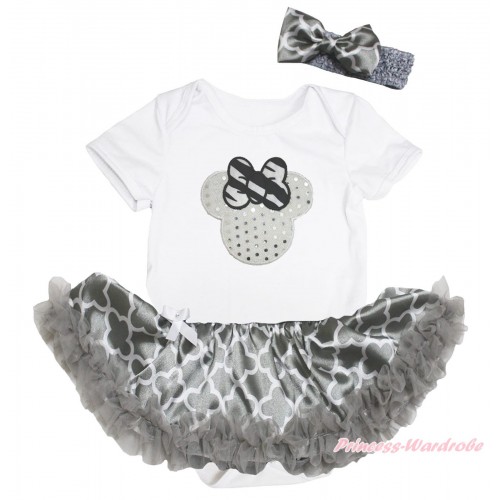 White Baby Bodysuit Grey White Quatrefoil Clover Pettiskirt & Sparkle White Minnie Print JS4621