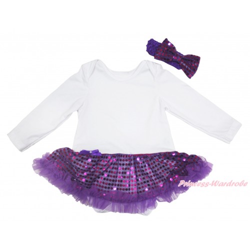 White Long Sleeve Baby Bodysuit Bling Dark Purple Sequins Pettiskirt JS4649