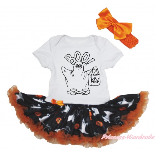 Halloween White Baby Bodysuit Ghost Pumpkin Pettiskirt & BOO! Print JS4699