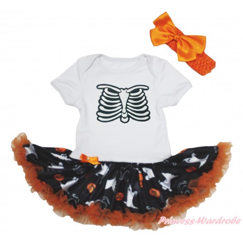 Halloween White Baby Bodysuit Ghost Pumpkin Pettiskirt & Skeleton Rib Print JS4701