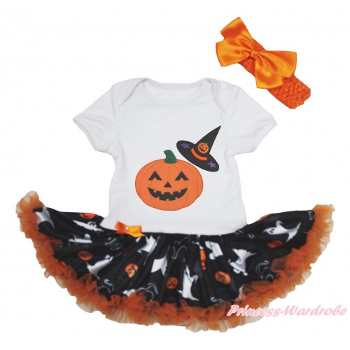 Halloween White Baby Bodysuit Ghost Pumpkin Pettiskirt & Witch Hat & Pumpkin Print JS4702