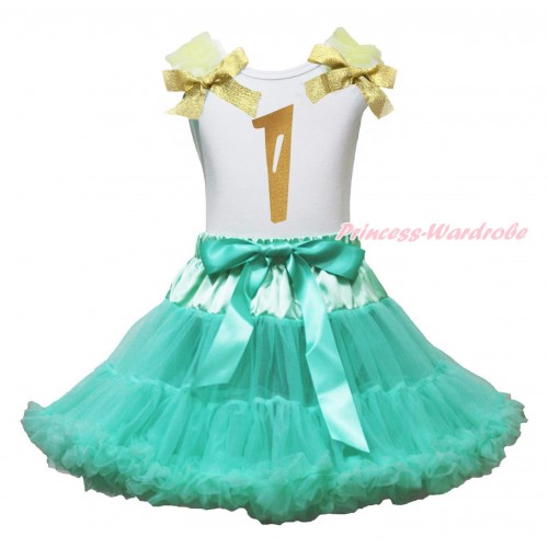White Tank Top Yellow Ruffles Sparkle Goldenrod Bow & 1st Sparkle Gold Birthday Number Painting & Aqua Blue Pettiskirt MG1767