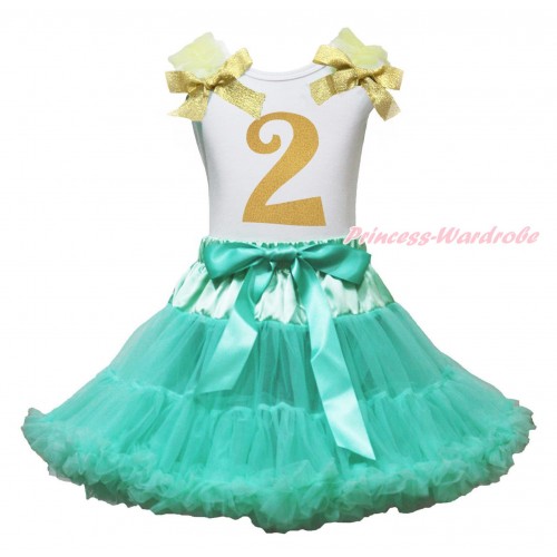 White Tank Top Yellow Ruffles Sparkle Goldenrod Bow & 2nd Sparkle Gold Birthday Number & Aqua Blue Pettiskirt MG1770