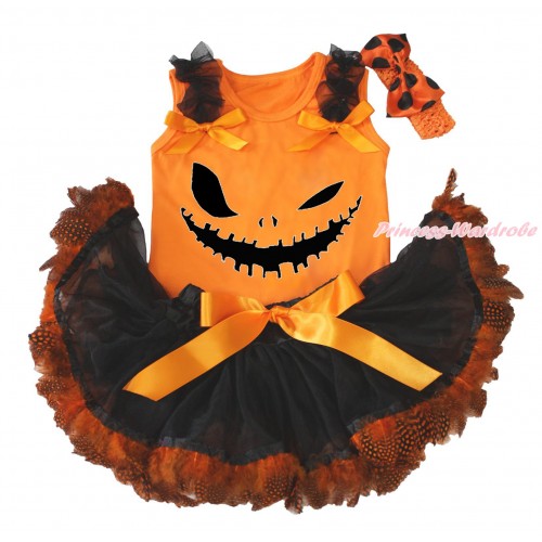 Halloween Orange Baby Pettitop Black Ruffles Orange Bows & Ghost Face Print & Black Orange Feather Newborn Pettiskirt NG1796