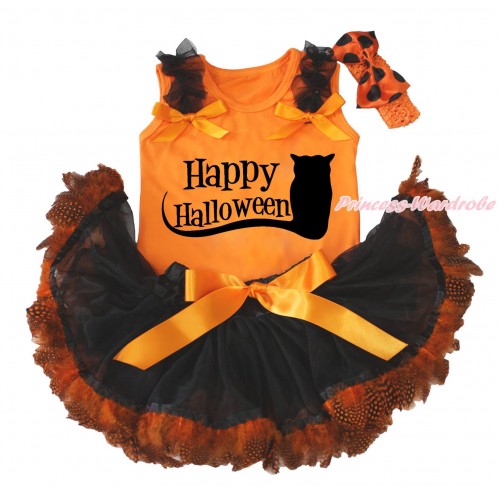 Halloween Orange Baby Pettitop Black Ruffles Orange Bows & Happy Halloween Owl Print & Black Orange Feather Newborn Pettiskirt NG1797