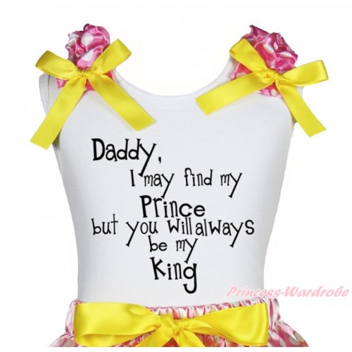 Father's Day White Tank Top Hot Pink White Dots Ruffles Yellow Bow & Daddy Always Be My King Print TB1245