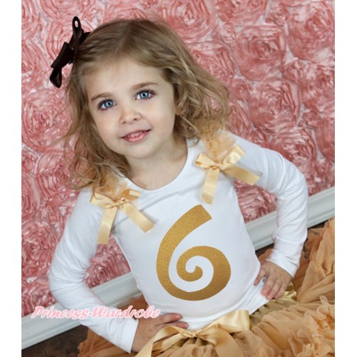White Tank Top Goldenrod Ruffles & Bow & 6th Sparkle Gold Birthday Number Print TB1252
