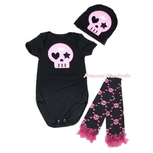 Halloween Black Baby Jumpsuit Light Pink Skeleton Print & Cap & Hot Pink Ruffles Black Pink Skeleton Leg Warmer Set TH621