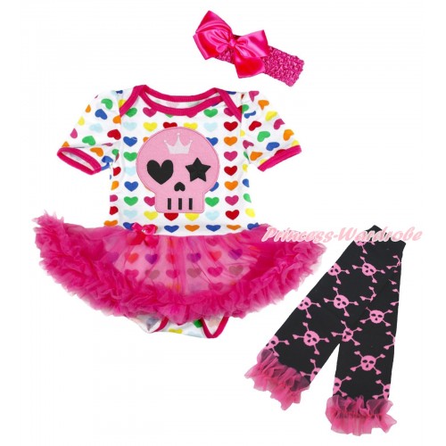 Halloween Rainbow Heart Bodysuit Hot Pink Pettiskirt & Light Pink Skeleton Print & Headband & Warmers Leggings JS4718