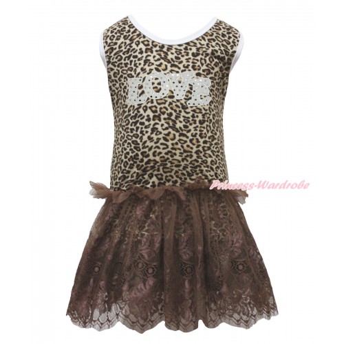 Valentine's Day Leopard Sleeveless Brown Lace ONE-PIECE Party Dress & Sparkle White LOVE Print LP228