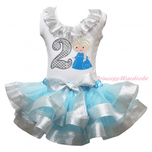 White Tank Top Sparkle Silver Grey Lacing & 2nd Sparkle White Birthday Number Princess Elsa & Light Blue Sparkle Silver Grey Trimmed Pettiskirt MG1826