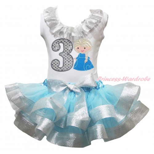 White Tank Top Sparkle Silver Grey Lacing & 3rd Sparkle White Birthday Number Princess Elsa & Light Blue Sparkle Silver Grey Trimmed Pettiskirt MG1827
