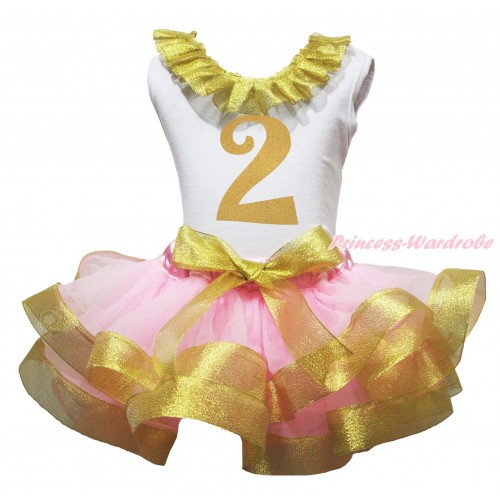 White Tank Top Sparkle Gold Lacing & 2nd Sparkle Gold Birthday Number Painting & Light Pink Sparkle Gold Trimmed Pettiskirt MG1842