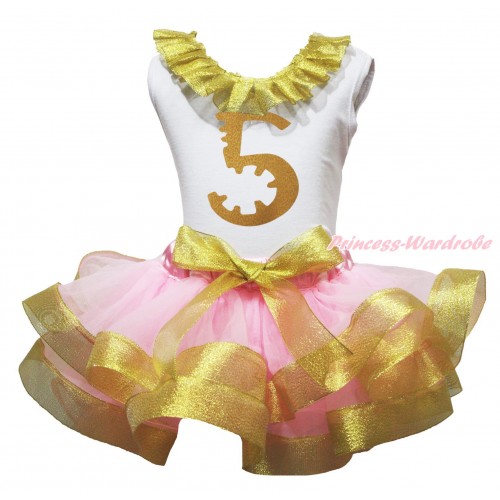 White Tank Top Sparkle Gold Lacing & 5th Sparkle Gold Birthday Number Painting & Light Pink Sparkle Gold Trimmed Pettiskirt MG1845