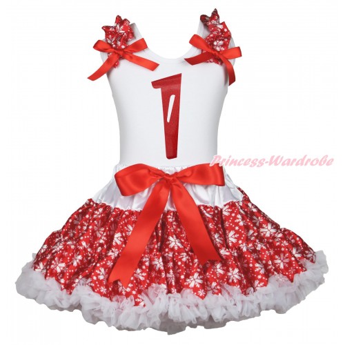 Xmas White Tank Top Red Snowflakes Ruffles Red Bows & 1st Sparkle Red Birthday Number Painting & Red Snowflakes Pettiskirt MG1848