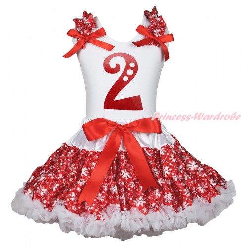 Xmas White Tank Top Red Snowflakes Ruffles Red Bows & 2nd Sparkle Red Birthday Number Painting & Red Snowflakes Pettiskirt MG1849