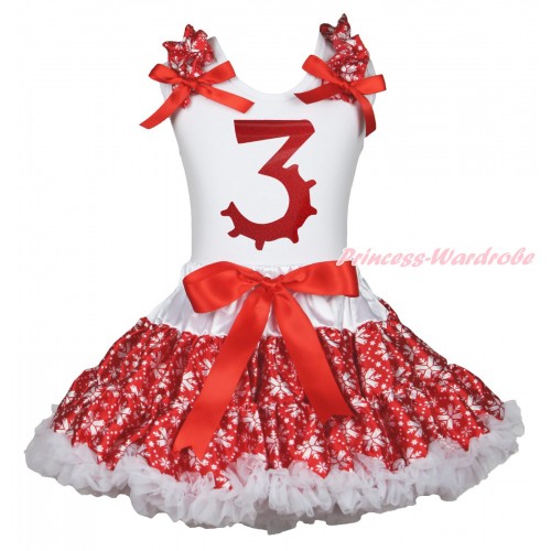 Xmas White Tank Top Red Snowflakes Ruffles Red Bows & 3rd Sparkle Red Birthday Number Painting & Red Snowflakes Pettiskirt MG1850