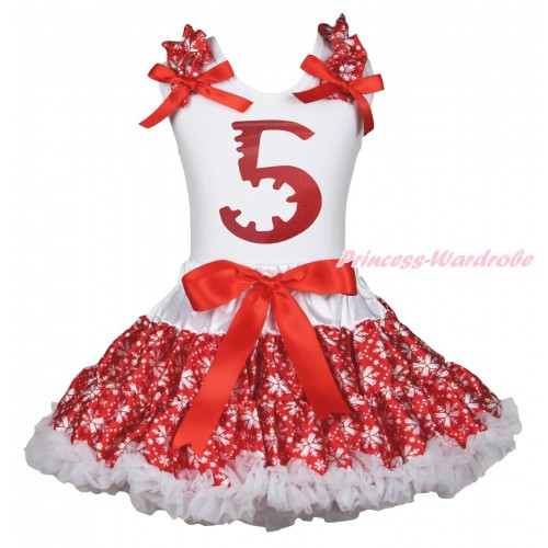 Xmas White Tank Top Red Snowflakes Ruffles Red Bows & 5th Sparkle Red Birthday Number Painting & Red Snowflakes Pettiskirt MG1852