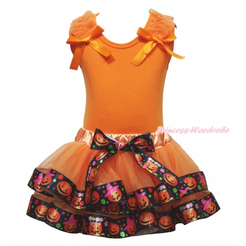 Halloween Orange Baby Pettitop Ruffles Bow & Orange Black Pumpkin Trimmed Baby Pettiskirt NG1806