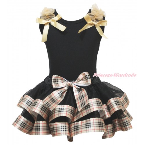Black Baby Pettitop Goldenrod Ruffles & Bow & Black Gold Black Checked Trimmed Baby Pettiskirt NG1808