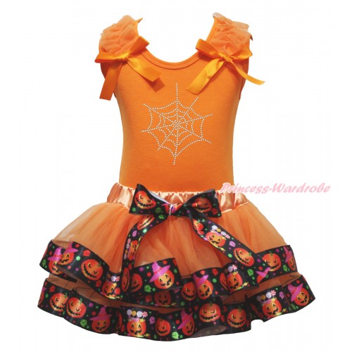 Halloween Orange Baby Pettitop Ruffles Bow & Rhinestone Spider Web Print & Orange Black Pumpkin Trimmed Baby Pettiskirt NG1815