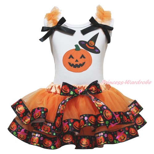 Halloween White Baby Pettitop Orange Ruffles Black Bows & Witch Hat & Pumpkin Print & Orange Black Pumpkin Trimmed Newborn Pettiskirt NG1816