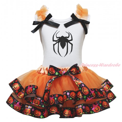 Halloween White Baby Pettitop Orange Ruffles Black Bows & Spider Print & Orange Black Pumpkin Trimmed Newborn Pettiskirt NG1819
