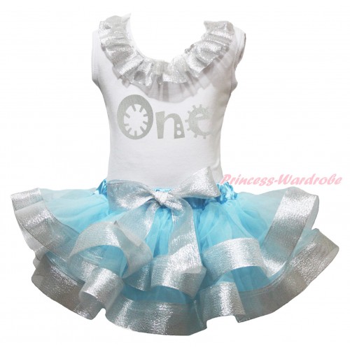 White Baby Pettitop Sparkle Silver Grey Lacing & Sparkle Grey One Painting & Light Blue Sparkle Silver Grey Trimmed Newborn Pettiskirt NG1830