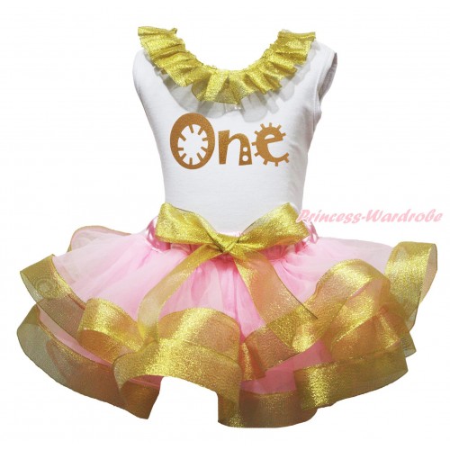White Baby Pettitop Sparkle Gold Lacing & Sparkle Gold One Painting & Light Pink Sparkle Gold Trimmed Newborn Pettiskirt NG1832