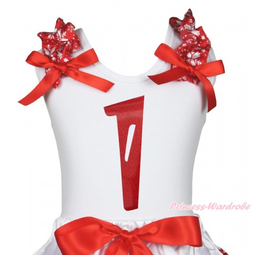 Xmas White Tank Top Red Snowflakes Ruffles Red Bow & 1st Sparkle Red Birthday Number Painting TB1269