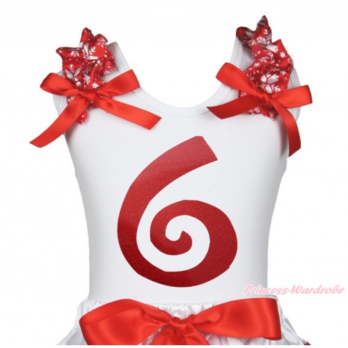 Xmas White Tank Top Red Snowflakes Ruffles Red Bow & 6th Sparkle Red Birthday Number Painting TB1274