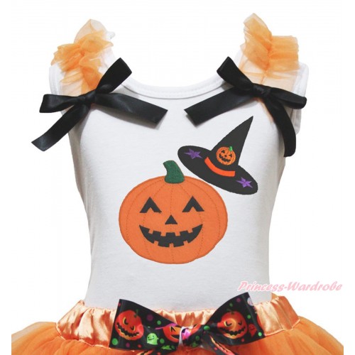 Halloween White Tank Top Orange Ruffles Black Bow & Pumpkin Witch Hat & Pumpkin Print TB454