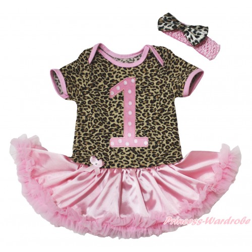 Leopard Baby Bodysuit Light Pink Satin Pettiskirt & 1st Light Pink White Dots Birthday Number Print JS4860