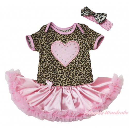 Valentine's Day Leopard Baby Bodysuit Light Pink Satin Pettiskirt & Light Pink Heart Print JS4862
