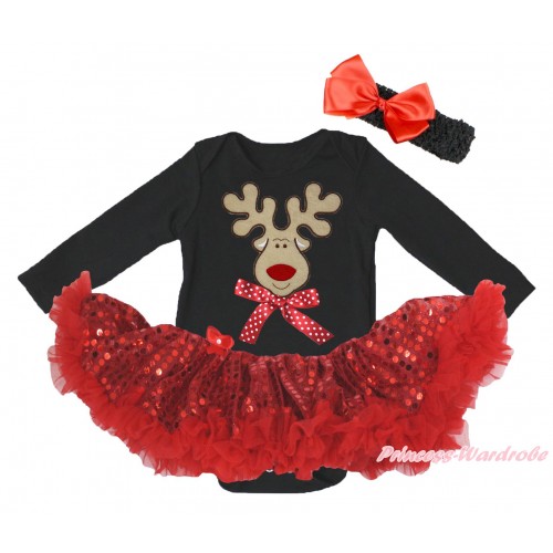Christmas Black Long Sleeve Bodysuit Bling Red Sequins Pettiskirt & Christmas Reindeer & Minnie Dots Bow Print JS4873