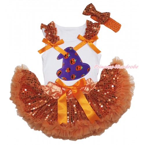 Halloween White Baby Pettitop Orange Sequins Ruffles Orange Bows & Purple Pumpkin Hat Print & Orange Bling Sequins Newborn Pettiskirt NG1850