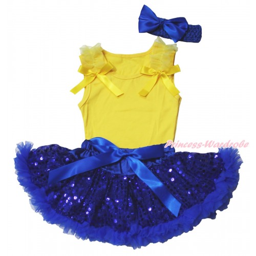 Yellow Baby Pettitop & Ruffles & Bows & Royal Blue Bling Sequins Newborn Pettiskirt NG1874