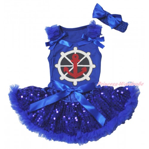 Royal Blue Baby Pettitop & Ruffles & Bows & Red White Blue Anchor Print & Royal Blue Bling Sequins Newborn Pettiskirt NG1877