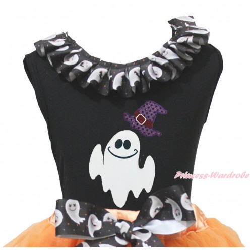 Halloween Black Tank Top White Ghost Lacing & Sparkle Hat White Ghost Print TB1336